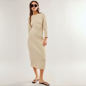 NWT Free People Textured Cottage Knit Midi Dress Neutral Ivory Open Back M/L